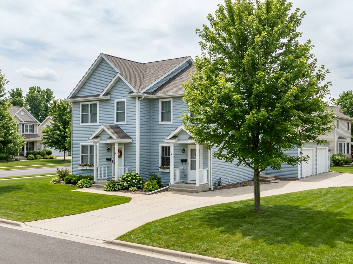 Generated image of a pale blue side-by-side duplex with a maple tree